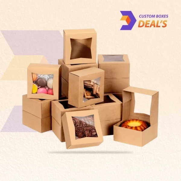 Brown kraft bakery box with window for cakes and cupcakes