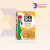 corn flakes cereal box next to bowl setup
