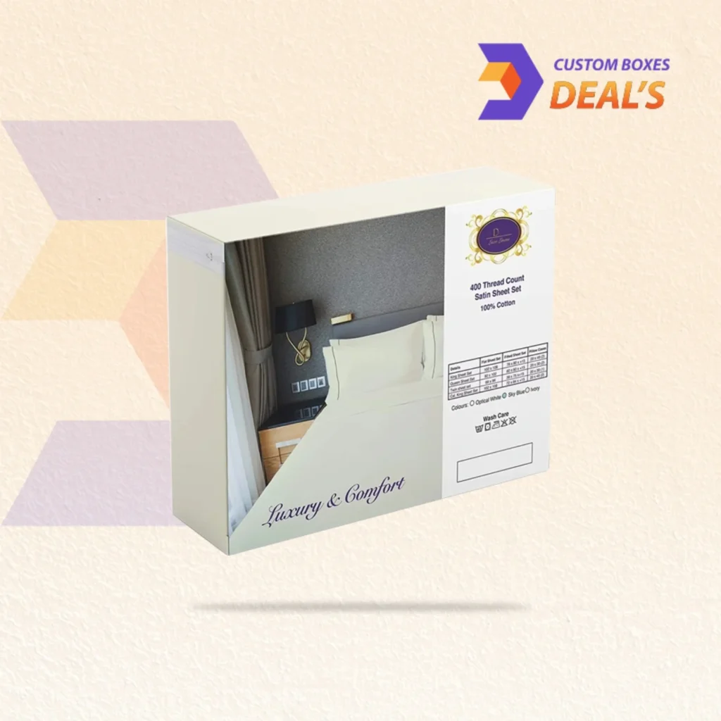 Custom bed sheets packaging boxes designed for secure storage and attractive product presentation.
