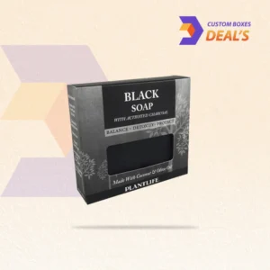 Black soap boxes with elegant designs and premium packaging for luxury soap product presentation.