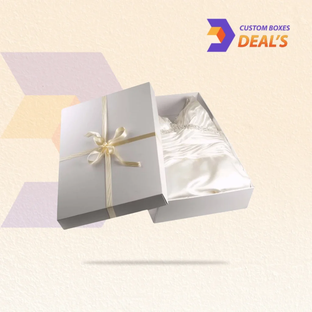 Custom bridal wear packaging boxes designed to protect wedding dresses with luxurious and elegant presentation.