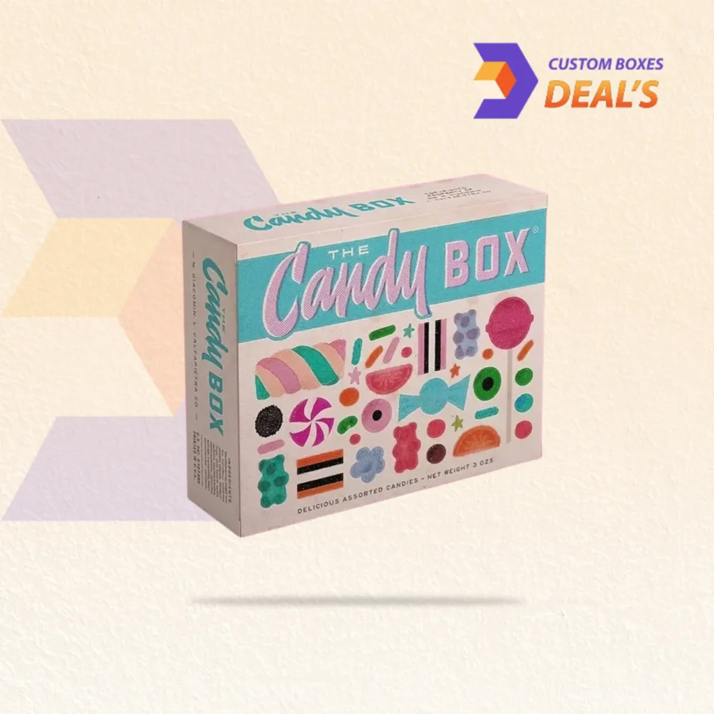 Candy gift boxes with colorful designs for sweets, treats, and special occasion packaging.