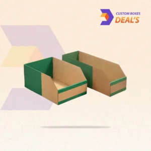 Cardboard bin boxes for organized storage of small parts and warehouse supplies