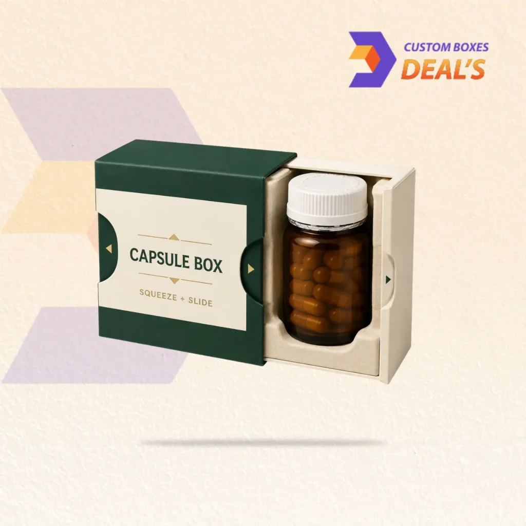 Child resistant capsule boxes with secure locking features for pharmaceutical packaging