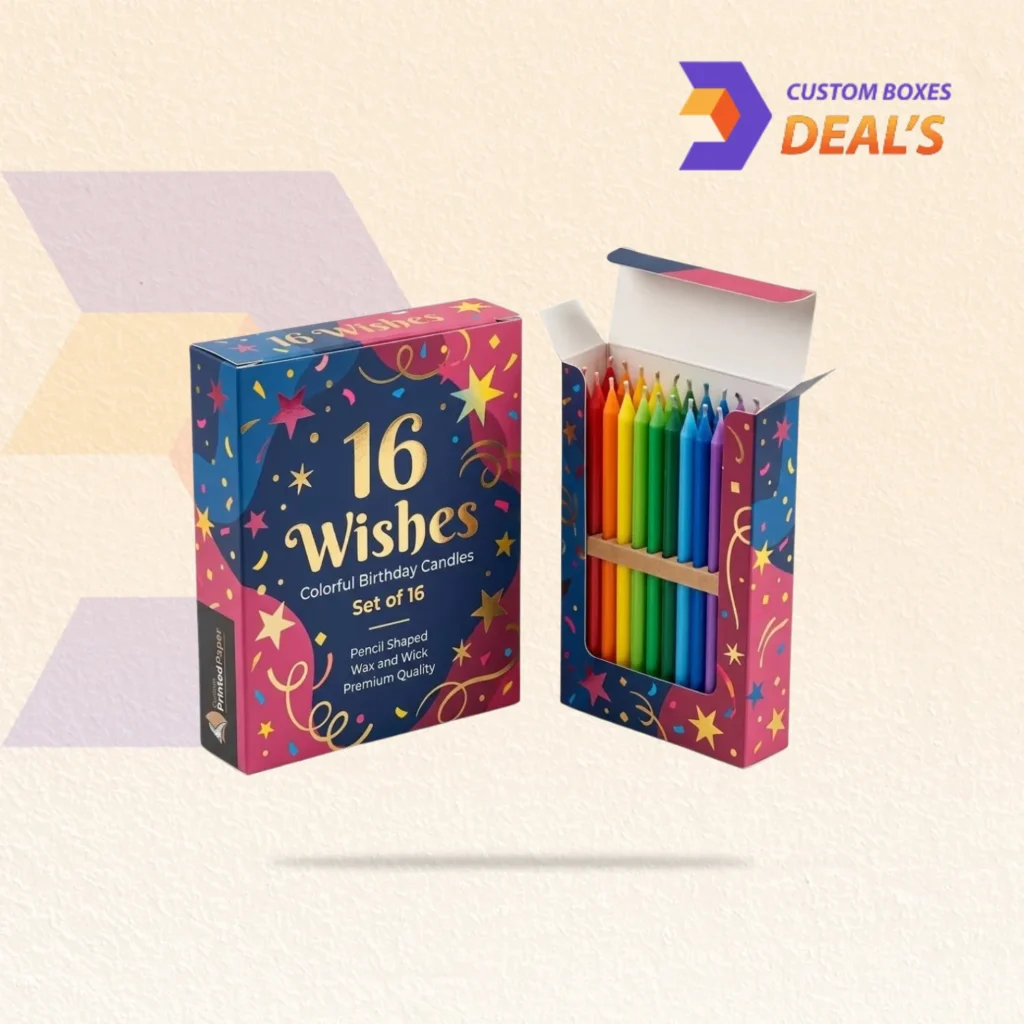 Branded packaging boxes for 16 Wishes jar candles with custom sizes and colorful graphics