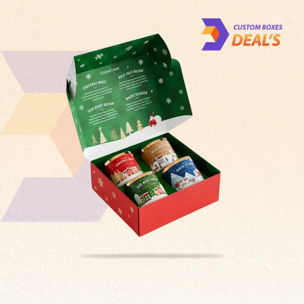 Printed holiday candle packaging boxes designed for seasonal gift sets and jar candles