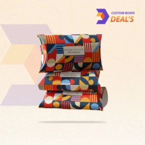 Custom colored pillow boxes with vibrant branded designs for retail products and special events