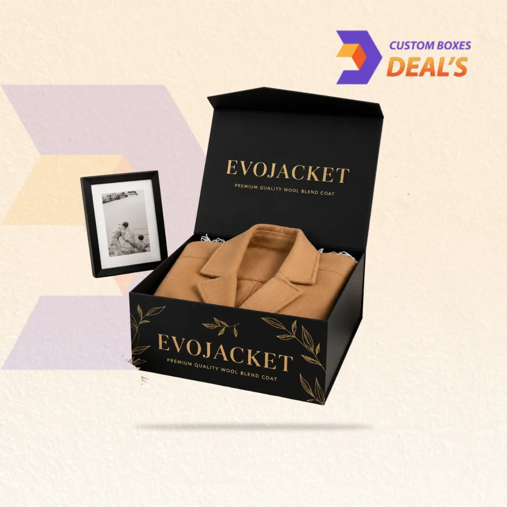 Custom gift boxes for jackets with premium designs for stylish clothing packaging and presentation.