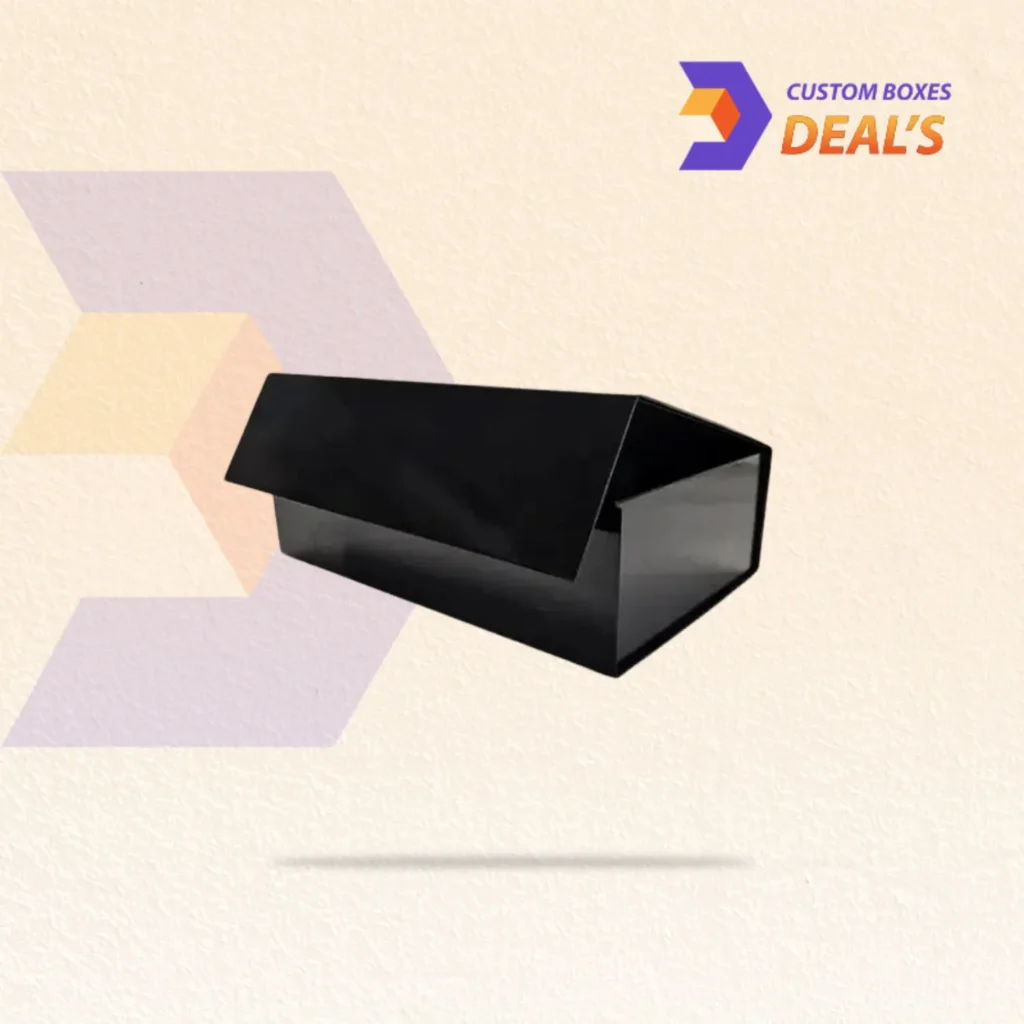 Custom glossy black gift boxes with a sleek finish for luxury gifts and premium product packaging.