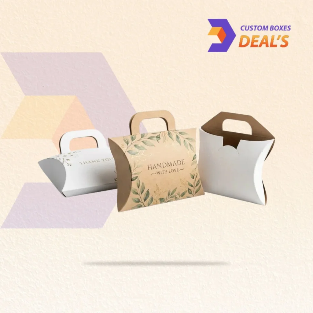 Custom pillow boxes with handle for convenient retail, gift, and product packaging