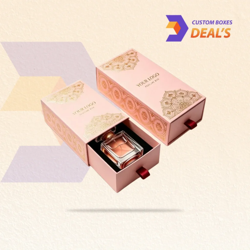 Pink perfume boxes with custom branding for fragrance bottles, gift sets, and premium retail presentation.