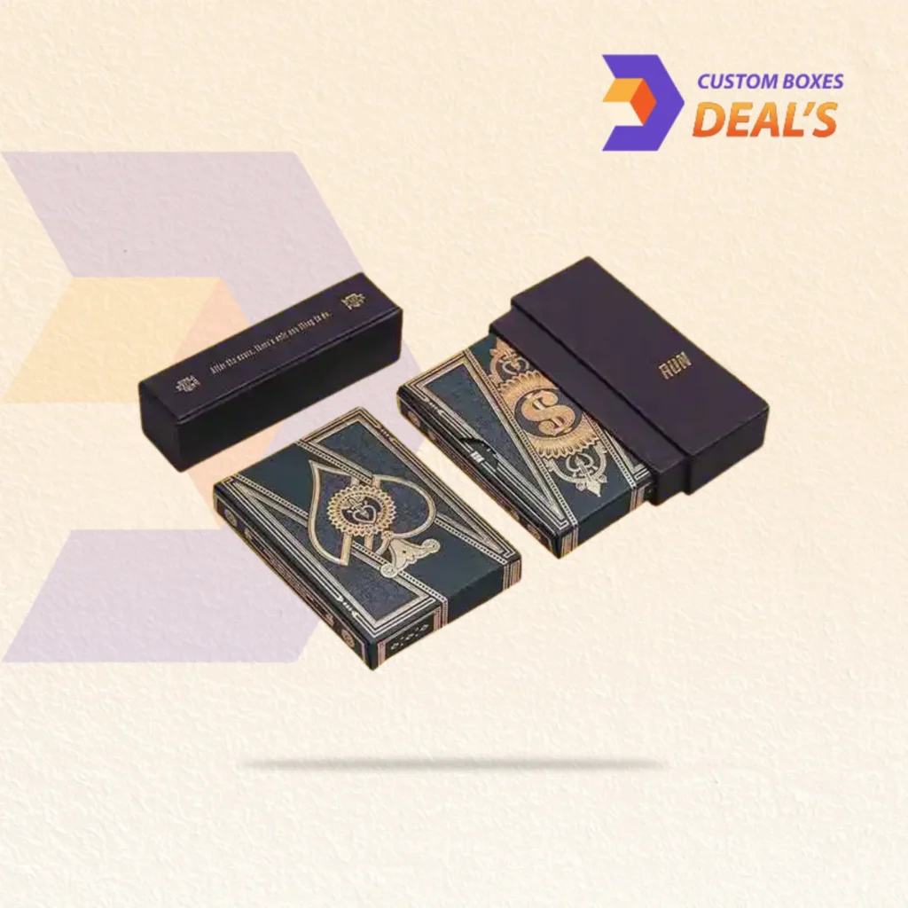 Branded black playing card box for card games, promotional sets, and retail display