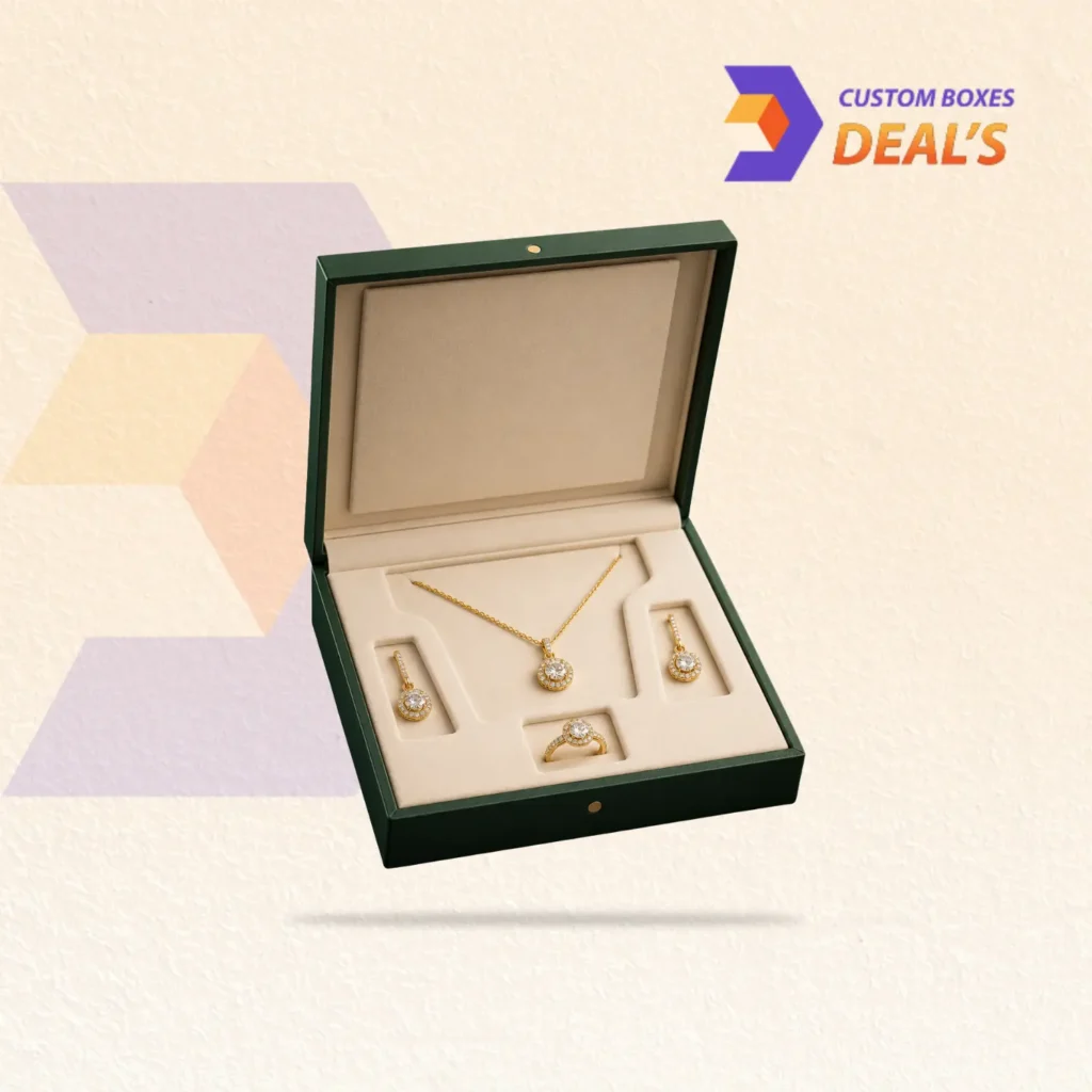 Stylish jewelry display boxes designed to showcase rings, necklaces, and accessories in an attractive way.