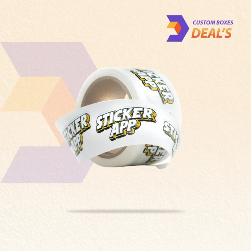 Personalized sticker rolls featuring custom shapes, colors, and business artwork