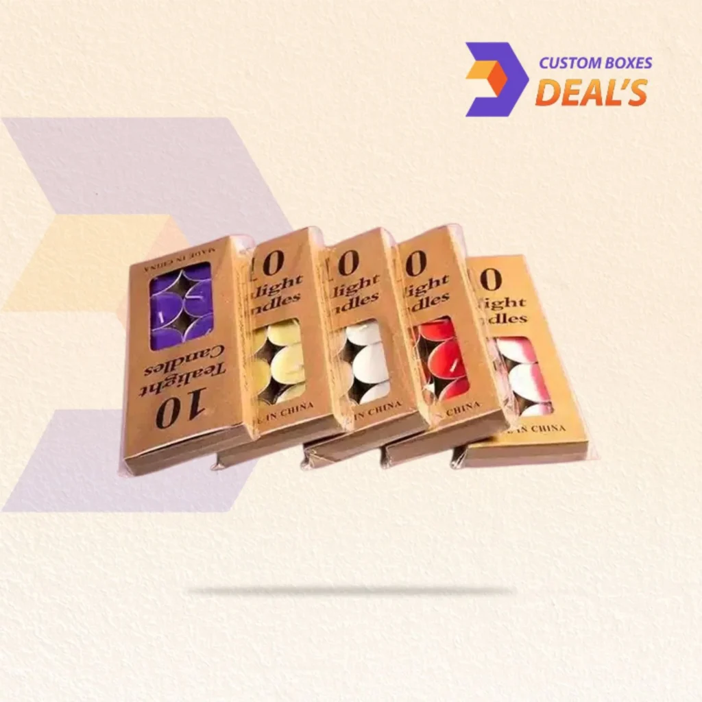 Custom tealight candle packaging with brand artwork for an organized retail display