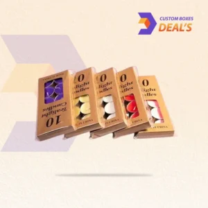 Custom tealight candle packaging with brand artwork for an organized retail display