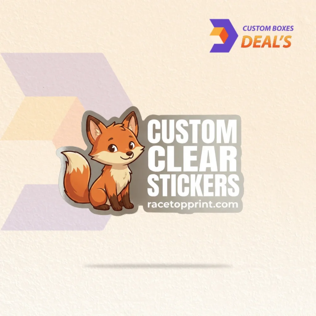 Personalized clear stickers featuring custom text and full-color brand artwork