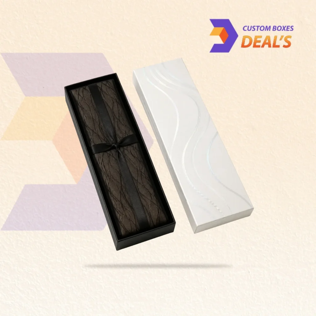 Two piece hosiery box designed for elegant presentation and product protection.