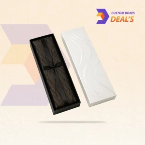 Two piece hosiery box designed for elegant presentation and product protection.