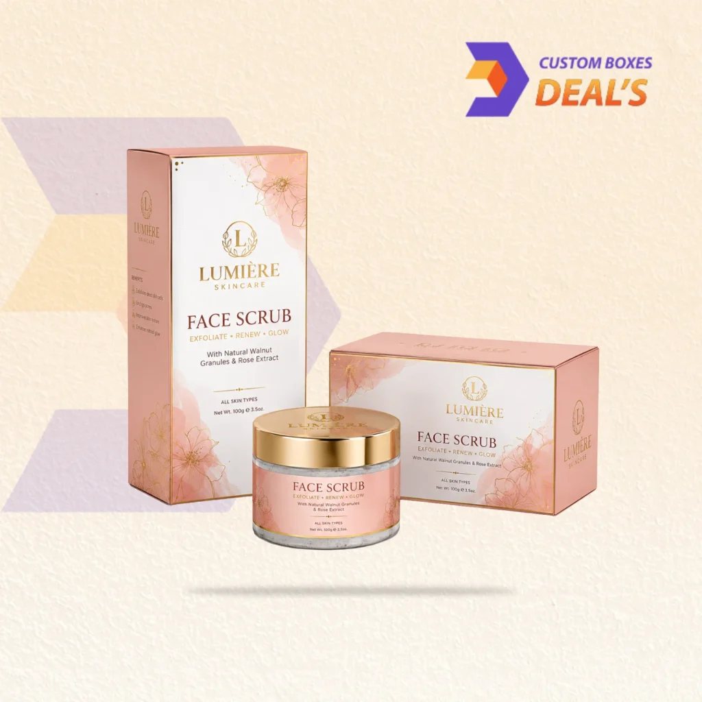 Premium face scrubs packaging boxes for facial exfoliators, retail display, and beauty products