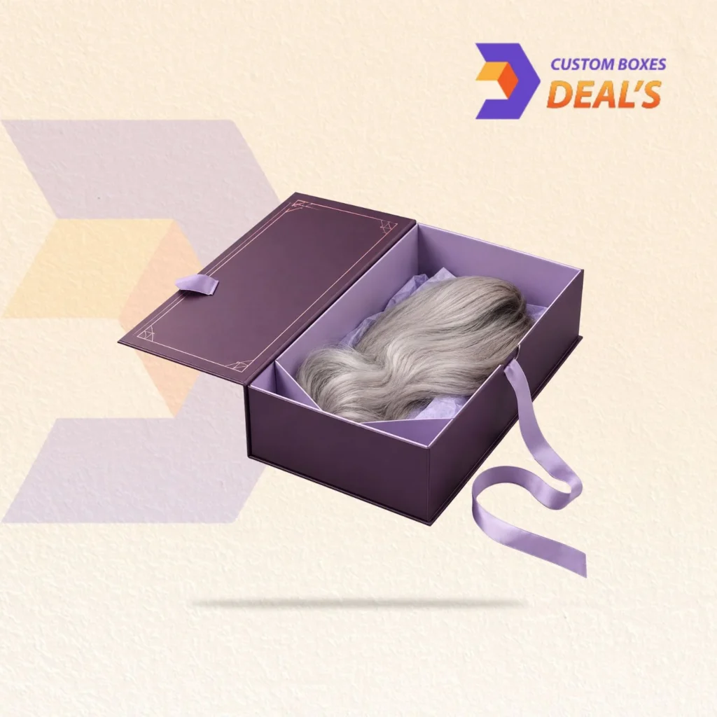 Luxury foldable hair boxes with ribbon closure designed for wigs, extensions, and beauty products