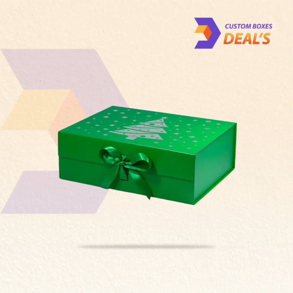 Green Christmas gift boxes with festive designs for holiday presents, treats, and seasonal packaging.
