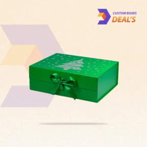 Green Christmas gift boxes with festive designs for holiday presents, treats, and seasonal packaging.