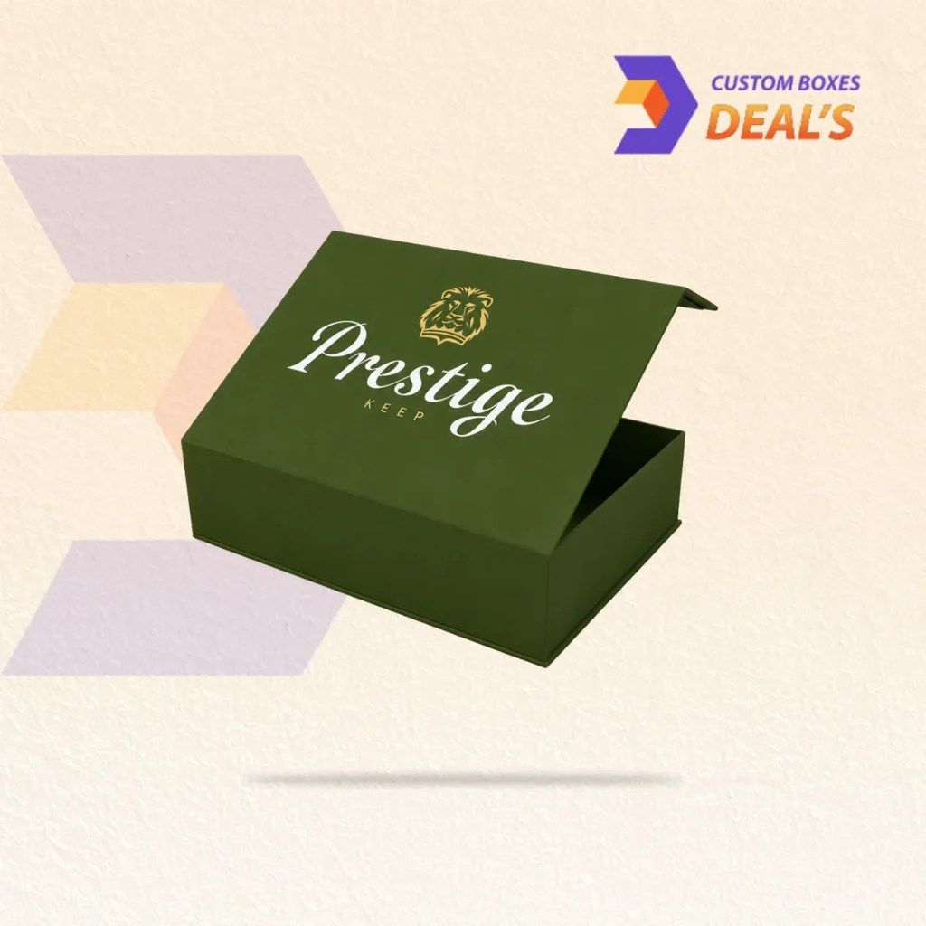 Green magnetic gift boxes with elegant designs and secure closures for premium gift packaging.