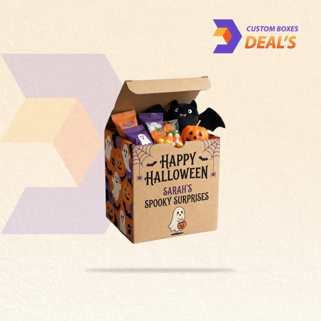Halloween boxes with spooky designs for candies, treats, gifts, and festive party packaging.