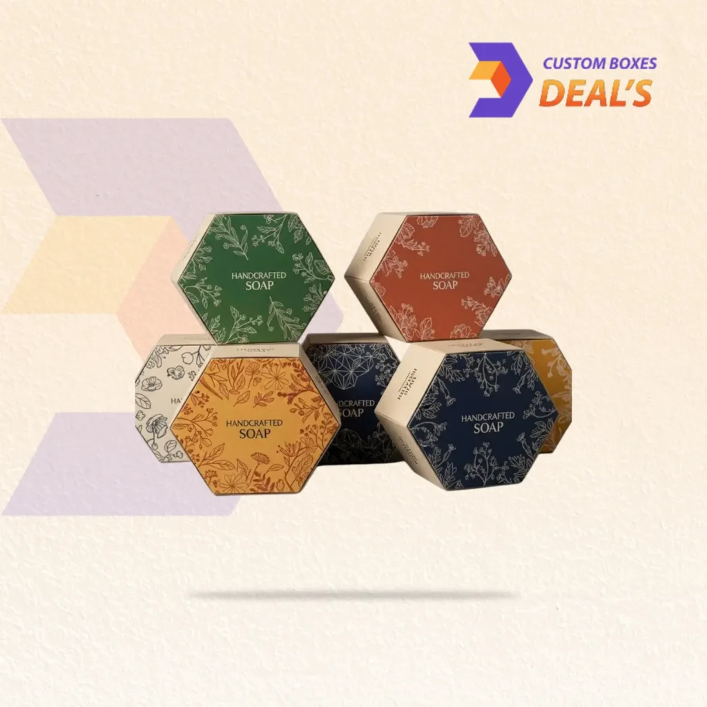 Hexagon soap boxes with unique geometric designs and durable packaging for attractive soap product presentation.