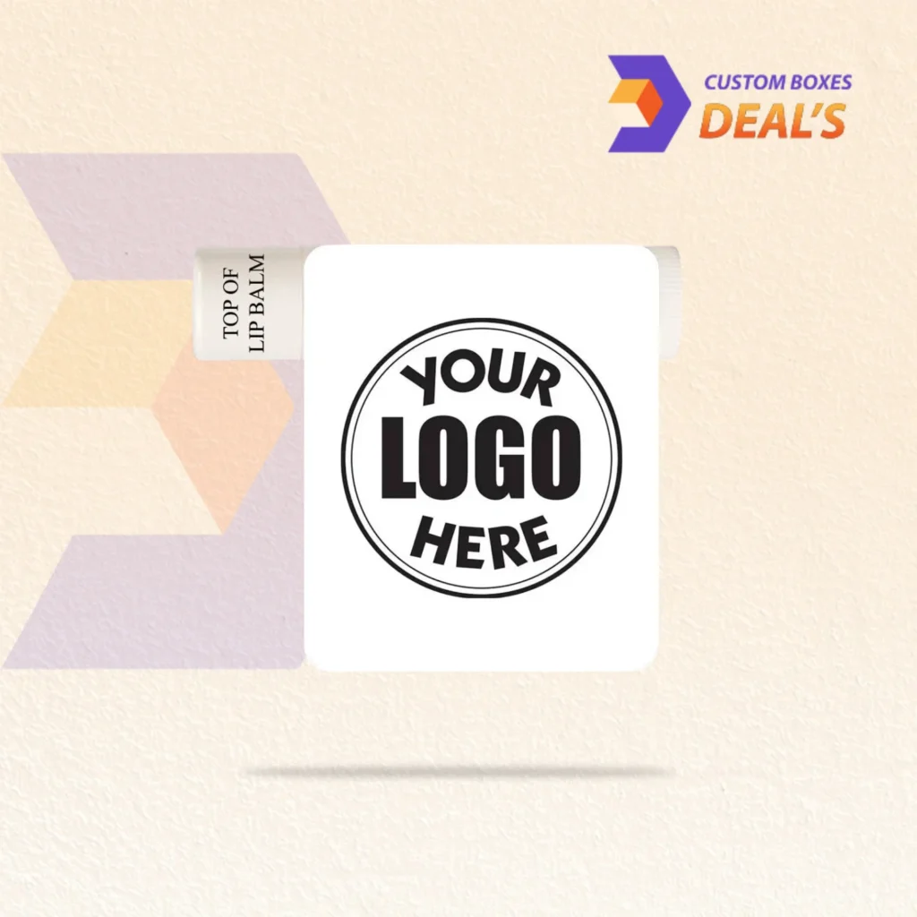 Personalized lip balm tube labels featuring branded colors and custom artwork