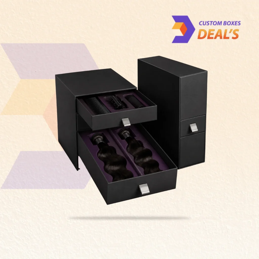 Branded black rigid hair packaging boxes with drawer design for secure storage and retail display