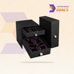 Branded black rigid hair packaging boxes with drawer design for secure storage and retail display