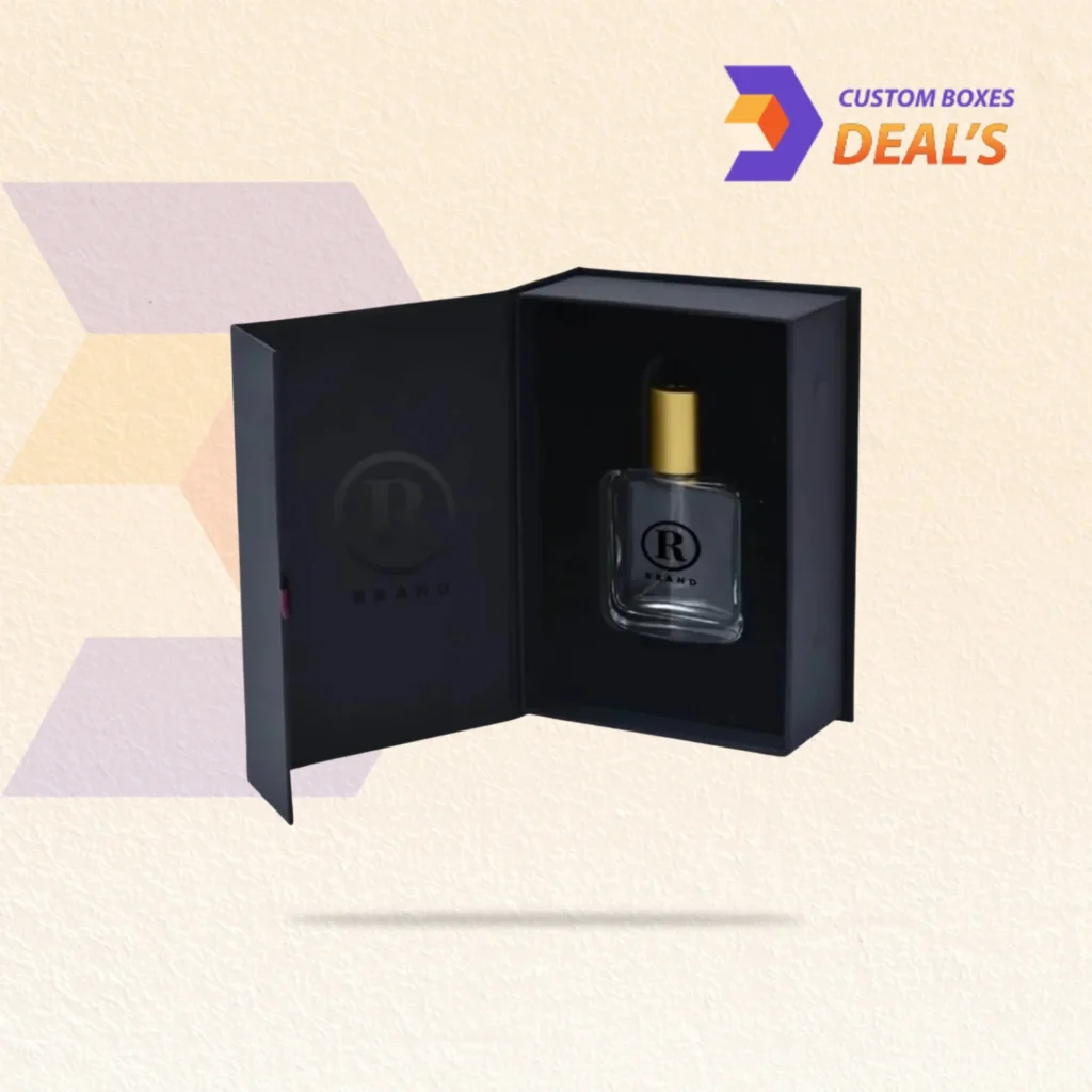 Branded perfume packaging boxes with a magnetic lid for gift sets, product launches, and fragrance collections.