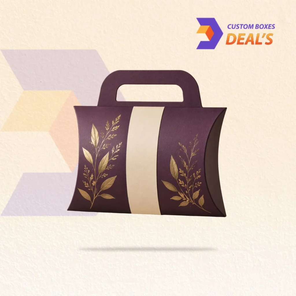 Premium pillow packaging box with handle for gifts, favors, and retail products