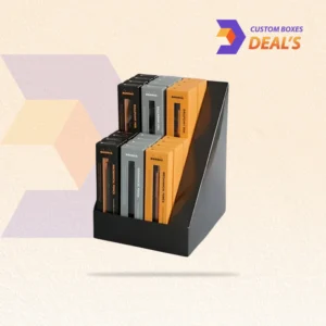 Branded cardboard display boxes for product presentation.