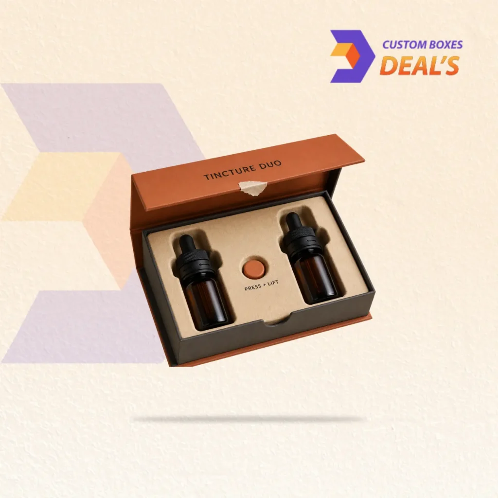 Branded paperboard tincture boxes featuring a child resistant opening mechanism
