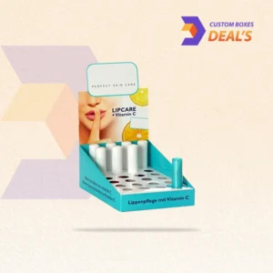 Branded lip balm display boxes for product presentation.