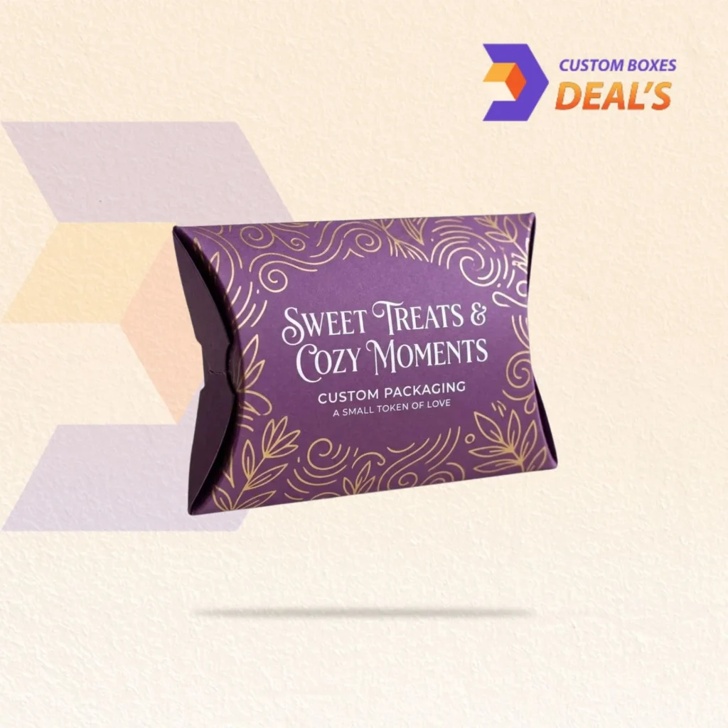 Custom purple pillow boxes with branded designs for retail products and special occasion favors