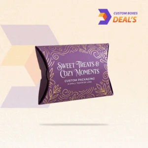 Custom purple pillow boxes with branded designs for retail products and special occasion favors