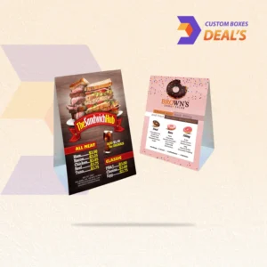 Custom table tent cards for brand promotions.