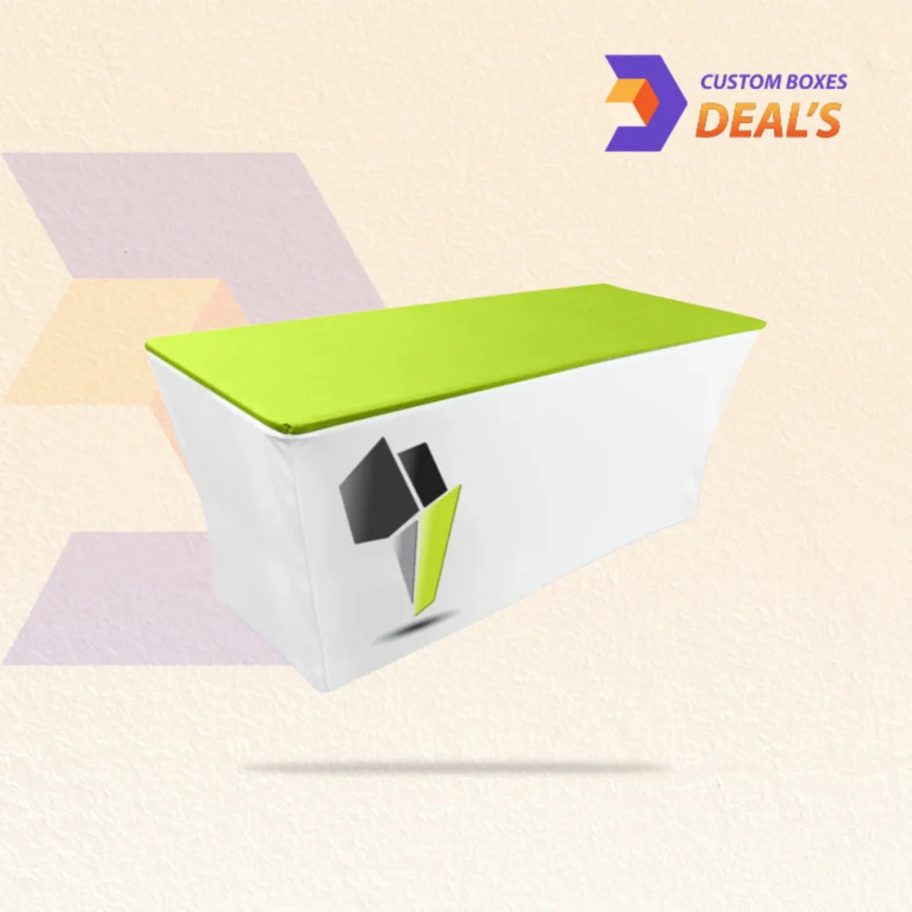 Branded packaging for tablecloths featuring custom logos and artwork
