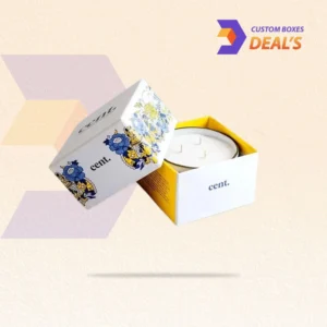 Custom-printed tealight candle packaging featuring branded artwork for retail presentation
