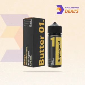 Open e-liquid bottle box featuring a secure insert for upright product placement
