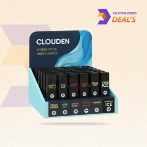 Open cardboard vape display box holding multiple packaged products for easy customer viewing