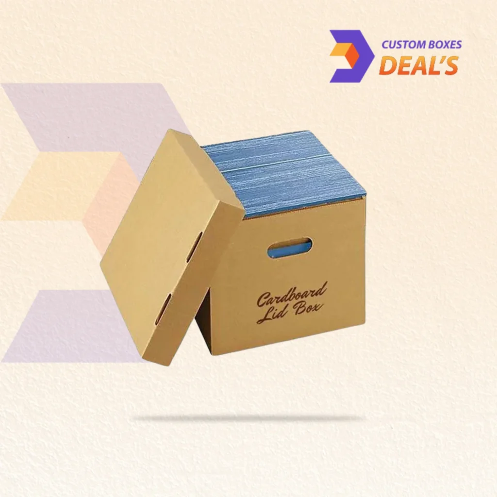 Cardboard box with lid designed for secure storage, packaging, and product presentation