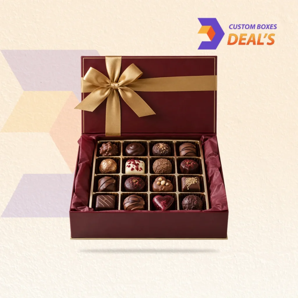 Custom chocolate candy boxes with branded designs for confectionery products and gifts