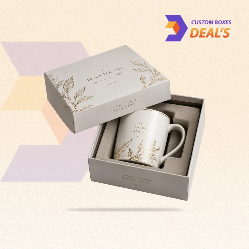 Printed coffee mug packaging with custom branding and protective box design