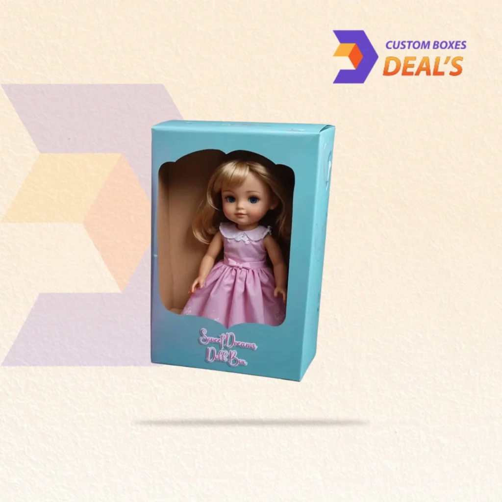 Custom doll boxes with personalized designs for toy packaging and presentation.