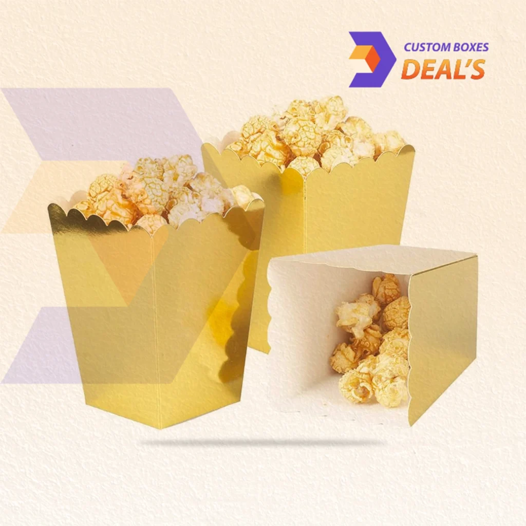 Gold popcorn boxes with custom printed branding